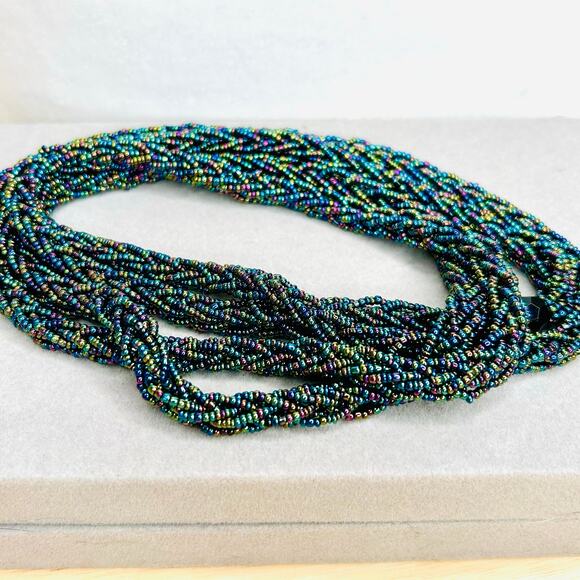 Dark Colorful Iridescent Thick Seed Bead Long Flapper Length Rope Necklace - Picture 3 of 5